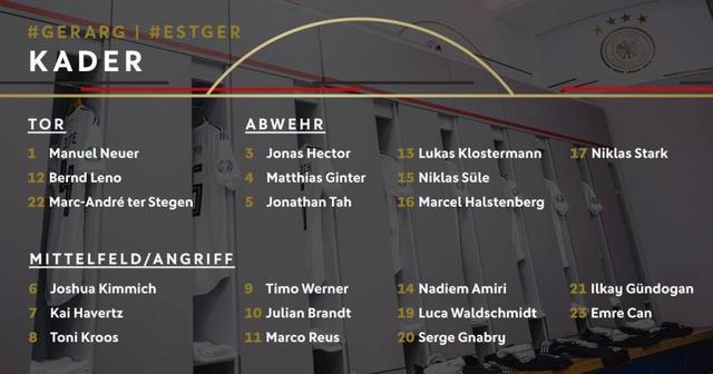 德国队公布大名单：诺伊尔、罗伊斯领衔，阿米里首次入选(德国队球员)