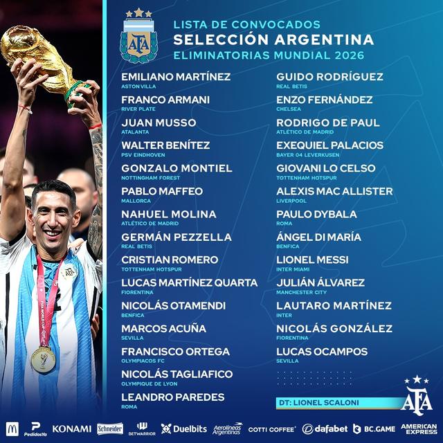 阿根廷11月大名单：梅西领衔，劳塔罗、迪马利亚在列(阿根廷球员名单)