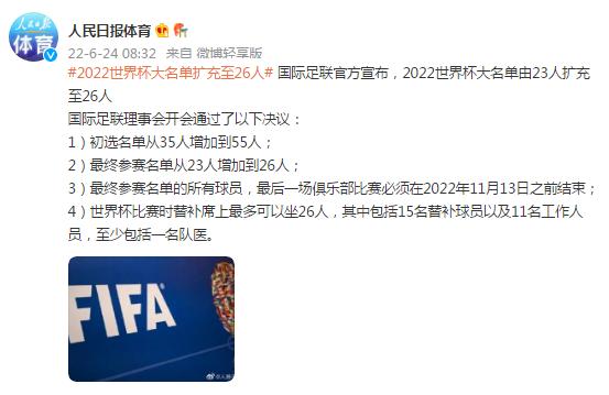 国际足联官方宣布，2022世界杯大名单由23人扩充至26人(足球多少人)