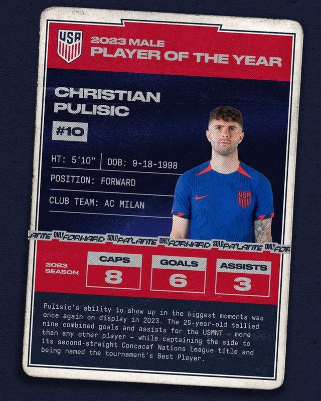 官方：普利西奇当选美国男足年度最佳球员，他出战8次参与9球(美国的足球)