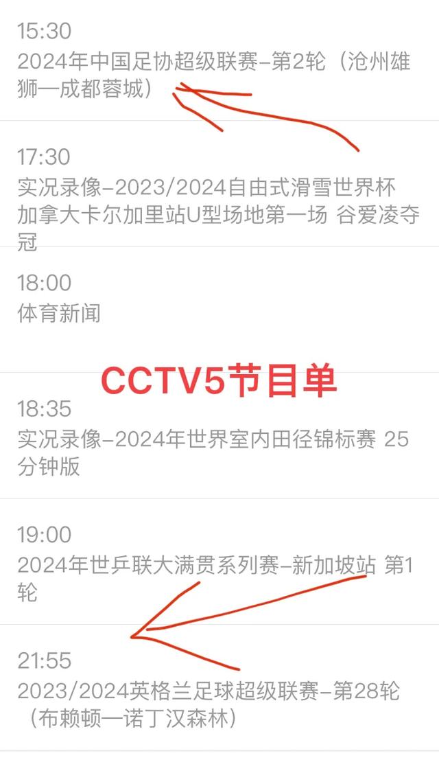 中央5台直播足球时间表：今晚CCTV5直播中超与英超，附最新赛程表(足球直)